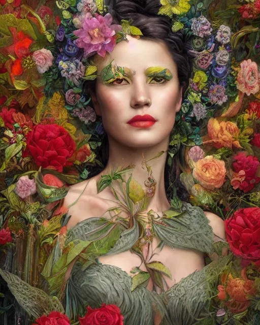 Prompt: portrait of the mexican queen of the underworld, surrounded by flowers by karol bak, james jean, tom bagshaw, rococo, sharp focus, trending on artstation, cinematic lighting, hyper realism, octane render, 8 k, hyper detailed.