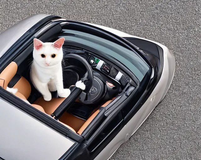 Image similar to top view of cabriolet with open roof, cat sitting in driver seat with paws resting on steering wheel, golden hour