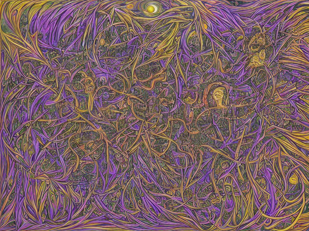 Image similar to expression of mind-matter interaction through death by Alex Grey and M. C. Escher collaboration, digital painting, Groundcore