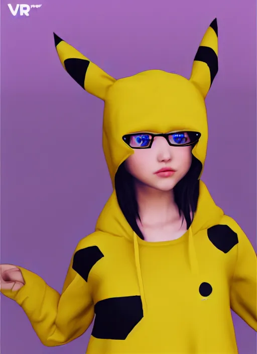 Image similar to vrchat, secondlife, imvu, 3 d model of a girl in a pikachu hoodie, cutely designed clothing, hq render, detailed textures, artstationhd, booth. pm, highly detailed attributes and atmosphere, dim volumetric cinematic lighting, hd, unity unreal engine