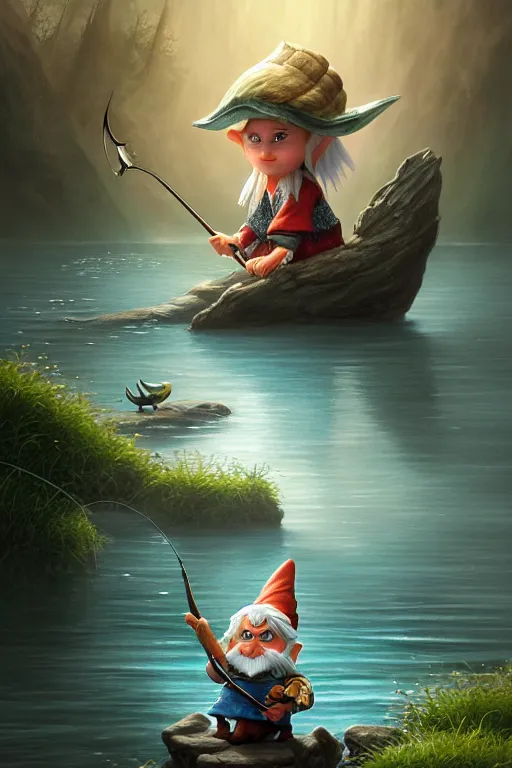 Image similar to legendary elegant gnome fishing in lake, highly detailed, d & d, fantasy, highly detailed, digital painting, trending on artstation, concept art, sharp focus, illustration, global illumination, ray tracing, realistic shaded, art by artgerm and greg rutkowski and fuji choko and viktoria gavrilenko and hoang lap