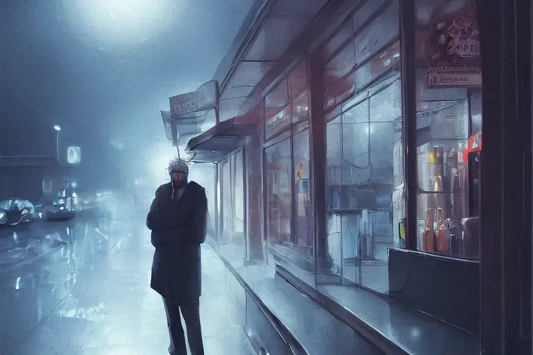 Image similar to a realistic cinematic headshot portrait of an evil scientist, stood outside a corner shop, foggy, detailed, depth of field, movie still, dramatic lighting, by krenz cushart