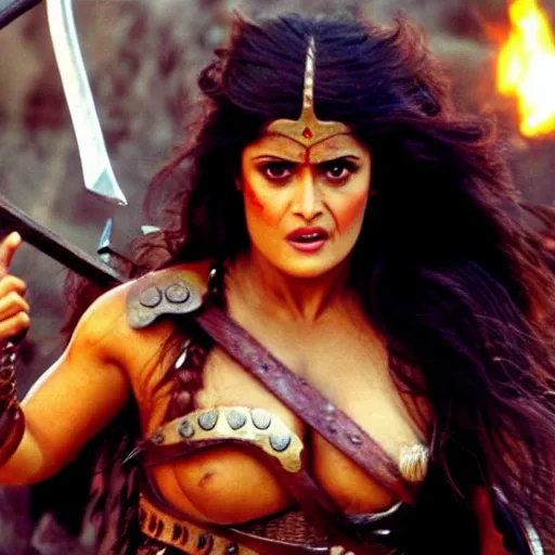 Prompt: salma hayek as a barbarian warrior, battle scene