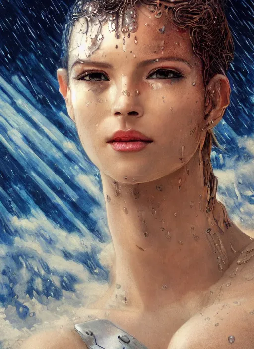 Image similar to a biblical diabolical beautiful female android girl face, hawk, shiny hi tech armor, dynamic pose, splashing, heavy eyes to the side, glowing veins, in clouds, rain, sunset, portrait, by gerald brom, by mikhail vrubel, by peter elson, muted colors, extreme detail, reflections, trending on artstation, 8 k