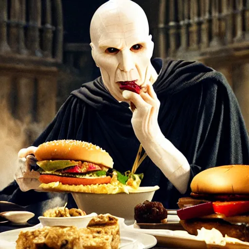 Image similar to Lord Voldemort eating a cheeseburger, photo realistic, award-winning, highly-detailed, epic, cinematic, dramatic