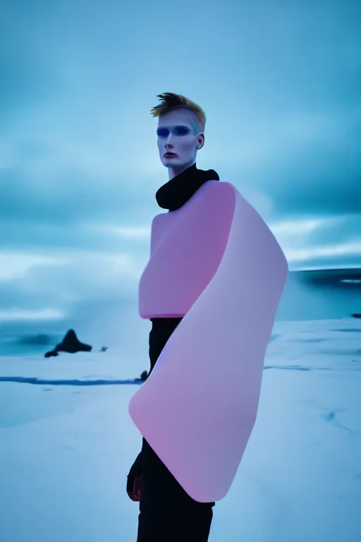 Prompt: high quality pastel coloured film wide angle selfie photograph of an androgynous cyber model standing in an icelandic black rock environment. three point light. photographic. art directed. pastel colours. volumetric light. stark. waves glitch. 8 k. filmic.