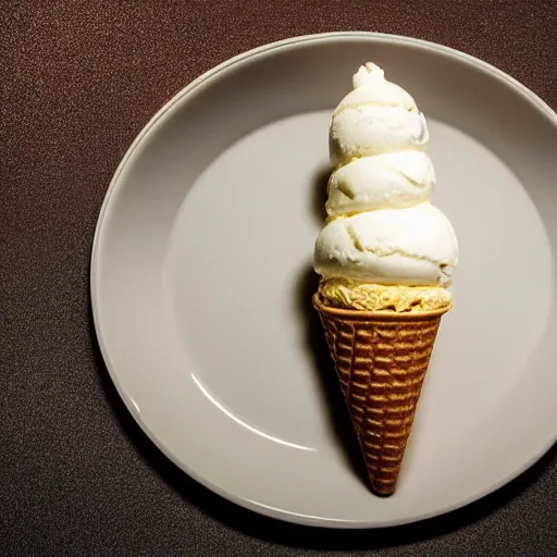 Image similar to photograph of a formal presentation of an ice cream cone on a plate at a fancy avant-garde restaurant