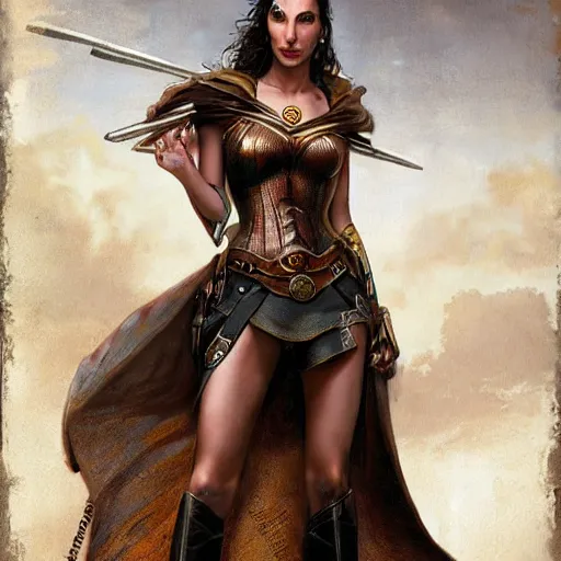 Image similar to highly detailed steampunk gal gadot standing, cape : leonardo da vinci, greg rutkowski, magali villeneuve