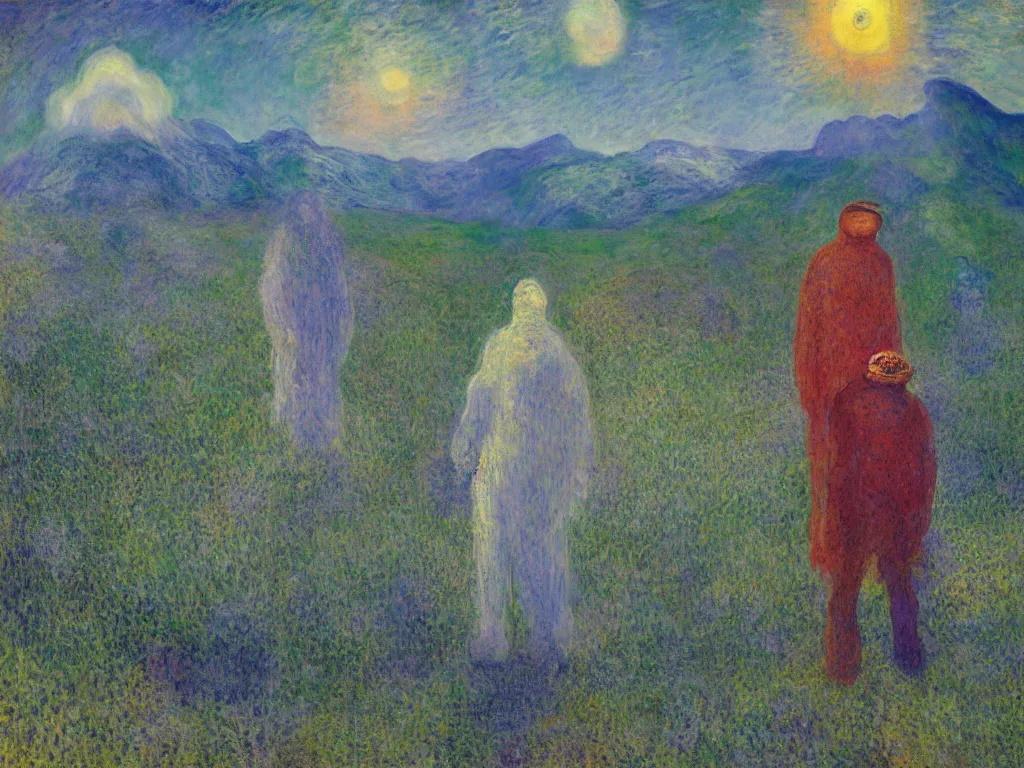 Image similar to man in white beekeeper suit looking at the psychedelics dream mothership over the sacred mountains. painting by mikalojus konstantinas ciurlionis, monet, bosch, wayne barlowe, agnes pelton, rene magritte