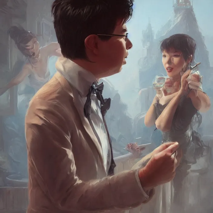 Image similar to michael mcintyre flirting with a singing waitress, elegant, real life skin, intricate artwork, high detailed, artstation, concept art, smooth, sharp focus, art by artgerm and greg rutkowski