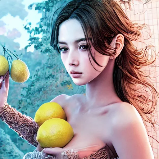 Prompt: the portrait of a sensual lemon that resembles absurdly beautiful, graceful, elegant, sophisticated, young gravure idol made up of lemons, an ultrafine hyperdetailed illustration by kim jung gi, irakli nadar, intricate linework, bright colors, octopath traveler, final fantasy, unreal engine 5 highly rendered, global illumination, radiant light, detailed and intricate environment