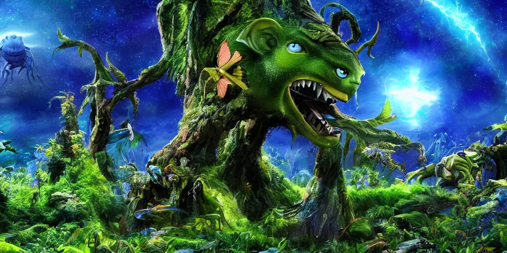 Image similar to navi planet from the movie avatar, landscape art, digital art, alien trees and animals