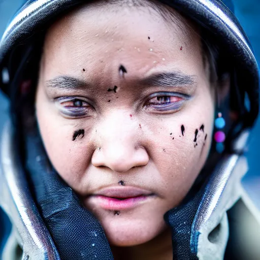 Image similar to photographic portrait of a poor techwear woman holding back tears, a futuristic shanty town burns in the background, closeup, sigma 85mm f/1.4, 4k, depth of field, high resolution, 4k, 8k, hd, full color