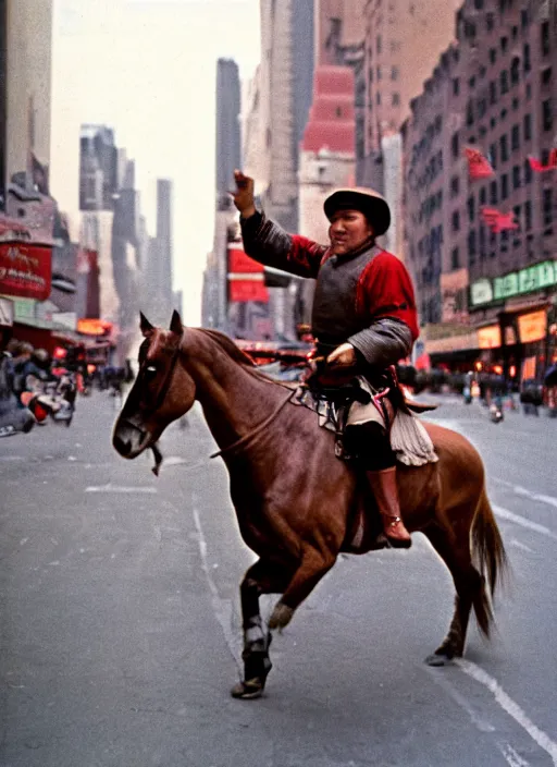 Image similar to a 35mm photograph of Genghis Khan riding a horse down a New York city street in the 1960's, bokeh, Canon 50mm, cinematic lighting, photography, retro, film, Kodachrome