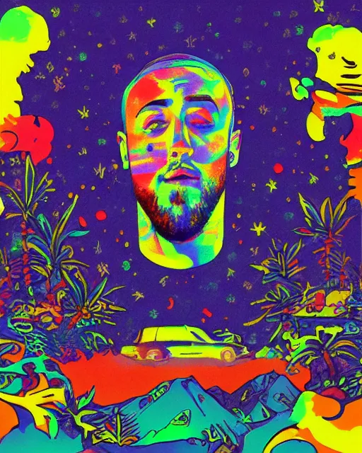 Image similar to mac miller lsd trip, illustrative, concept art, good vibes, peace, love, 4 2 0, don't trip, nikes on my feet