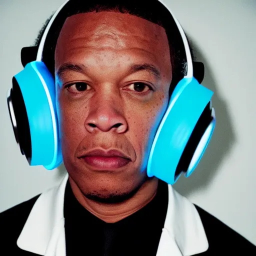 Prompt: photo of dr. dre wearing futuristic neon headphone., cinestill, 8 0 0 t, 3 5 mm, full - hd