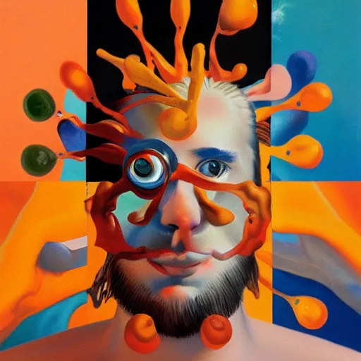 Prompt: a beautiful collage of a self - portrait of the artist. he is shown with his head turned to the left, looking at the viewer. his hair is wild and his eyes are wide open. his right hand is raised, as if he is pointing at something. steelpunk, pale orange by bo bartlett, by takashi murakami lush, swirling