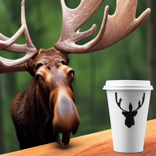 Image similar to a moose with maple leaf antlers selling coffee at a stand, realistic, 8 k