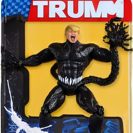 Image similar to action figure of Trump as Venom and shoots web from hair by Hasbro