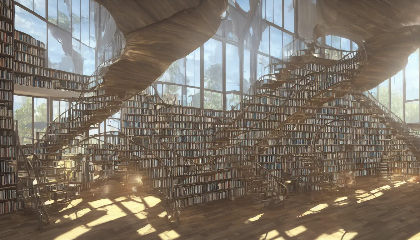 Prompt: 3 d huge hall full of windows streaming sunlight, spiralling staircase and shelves full of books, full colour, hyper realistic photo, unreal engine, upscale, 8 k, masterpiece,