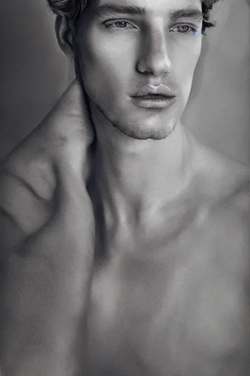 Prompt: realistic portrait of a beautiful male model, in style of Tim Walker