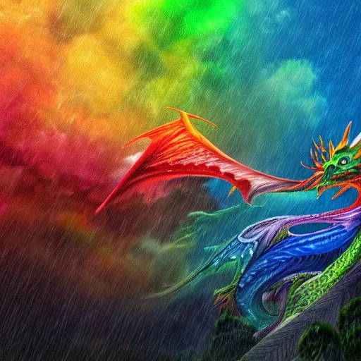 Image similar to a rainbow dragon standing under the rain with the sun behind them, 4k detailed, digital art, very beautiful