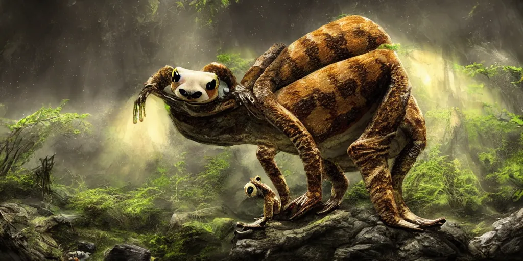 Image similar to alien giraffe panda frog on alien planet, lowbrow, 8 k, matte painting,