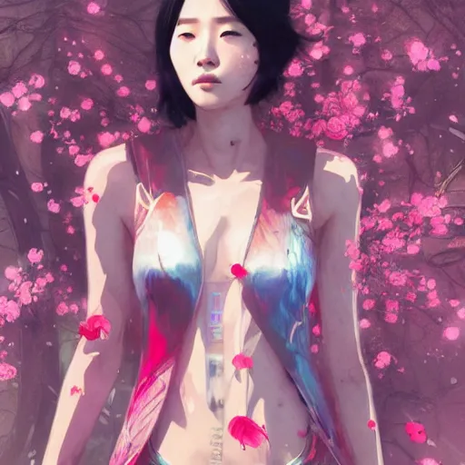 Prompt: lee jin - eun in tempting luxurious space slim suit emerging from pink water in cyberpunk theme by greg rutkowski, claude monet, conrad roset, takato yomamoto, james jean, rule of thirds, seductive look, beautiful, sakura flowers, tech sword, refined, masterpiece