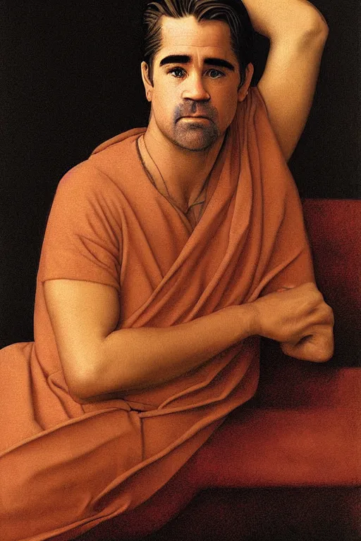 Image similar to portrait of colin farrell, digital painting by maxfield parrish and caravaggio, photorealistic