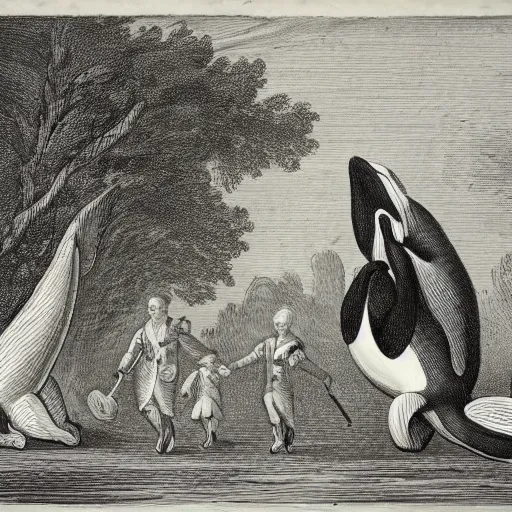 Prompt: orcas wearing fancy clothes, walking in London, engraving from 1700s