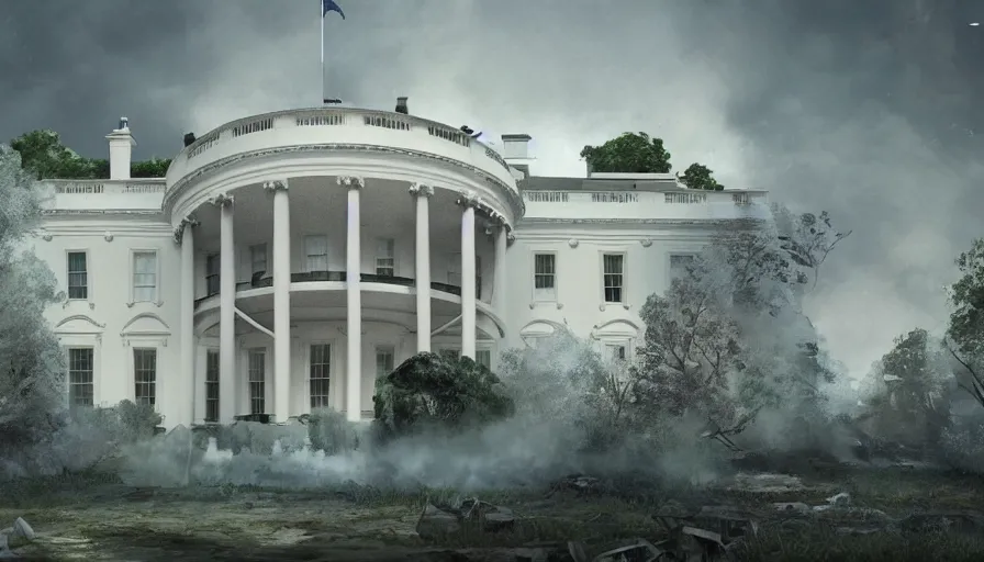 Image similar to Destroyed abandoned White House, game art matte painting, hyperdetailed, artstation, cgsociety, 8k