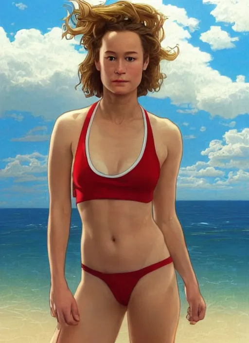 Image similar to portrait brie larson as sea lifeguard on the beach, full length shot, shining, 8k highly detailed, sharp focus, illustration, art by artgerm, mucha, bouguereau