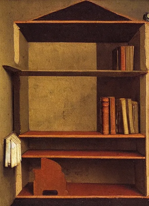 Image similar to bookshelf with children toys, medieval painting by jan van eyck, johannes vermeer, florence