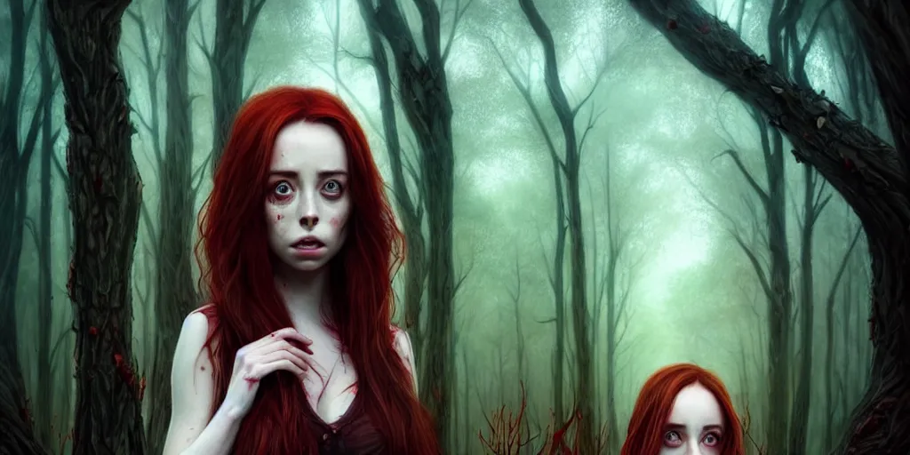 Image similar to surrounded by trees, realistic character concept, gorgeous Kacey Rohl, red hair, small freckles, symmetrical face, symmetrical eyes, full body, covered in blood, dark forest, trees, shorter neck, cinematic lighting, Joshua Middleton and artgerm, Wendigo lurking in the background, fear anxiety terror