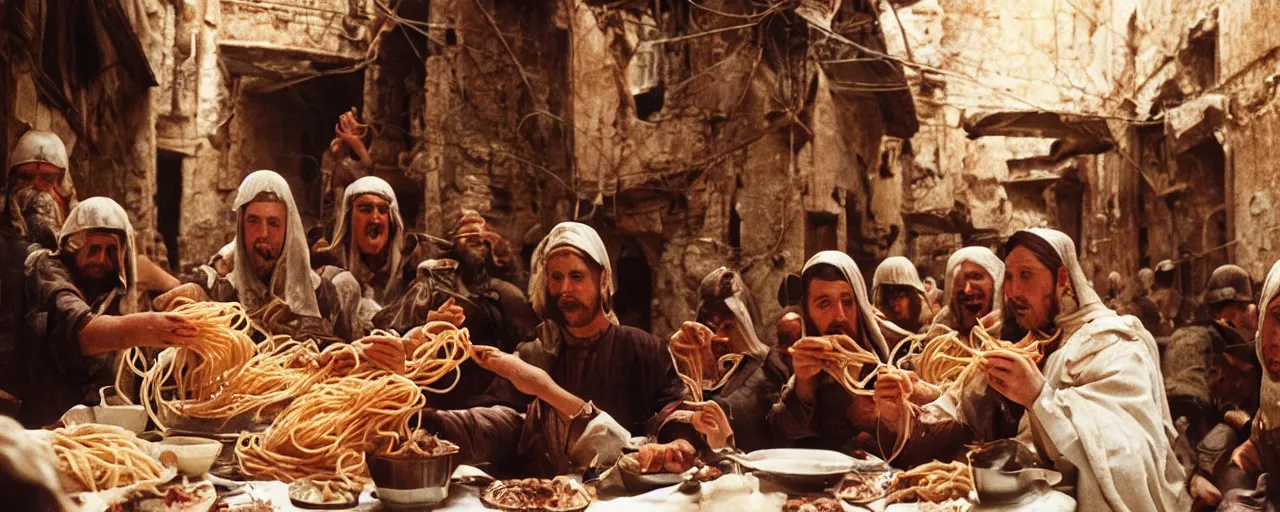 Prompt: eating spaghetti during the seige of constantinople, 7 0 0 ad, small details, intricate, 5 0 mm, cinematic lighting, photography, wes anderson, film, kodachrome