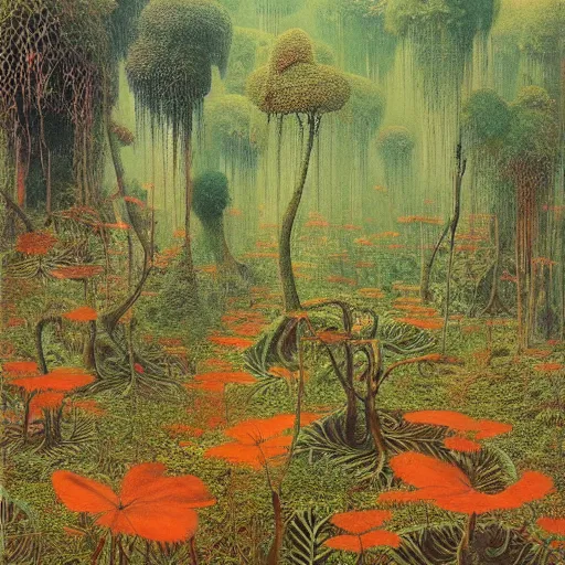 Prompt: a jungle full of strangely colored plants and fruits, bleeding trees, high detail, painted by beksinski and hayao miyazaki