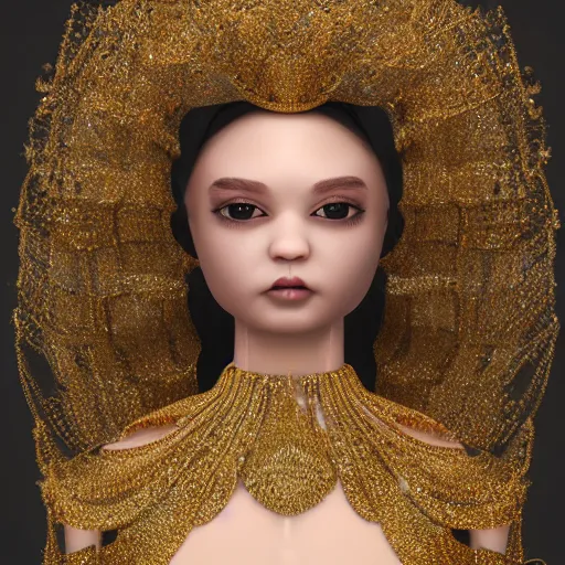 Image similar to Ultra realistic beautiful ball jointed doll head, long shiny hair, intricate detailed, gilded gold and diamonds, sharp focus, octane render, high quality, 8k, volumetric lighting, on black background