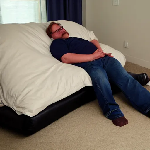 Prompt: gabe newell sleeping on futon on floor, realistic