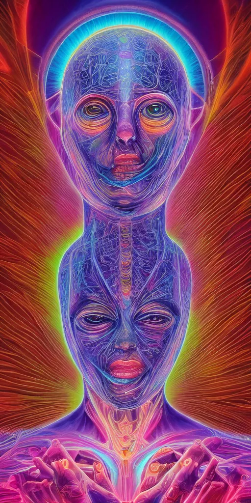 Image similar to ai transcendence into collaborative intelligence, connectedness, body, by alex grey, album cover, award winning, beautiful, colorful, volumetric lighting, trending on artstation, cinematic