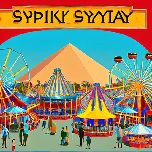 Prompt: a theme park in old egypt, sphynx and pyramids visible, ferris wheel, lights, carnival, illustration, digital art by laura price