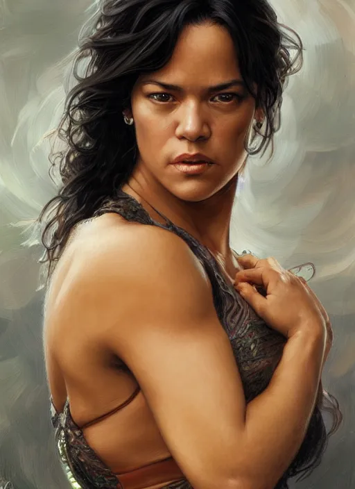 Image similar to Michelle Rodriguez as feisty latino woman, head and shoulders portrait, intricate, elegant, highly detailed, centered, digital painting, artstation, concept art, smooth, sharp focus, illustration, art by artgerm and donato giancola and alphonse mucha