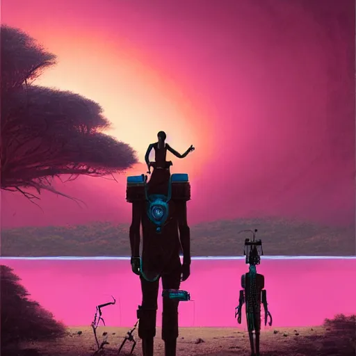 Prompt: a zulu cyberpunk hunter with a drone near a pink lake witha a baobab tree at sunset by greg rutkowski and android jones in a surreal portrait style, oil on canvas, backview, 8k resolution.