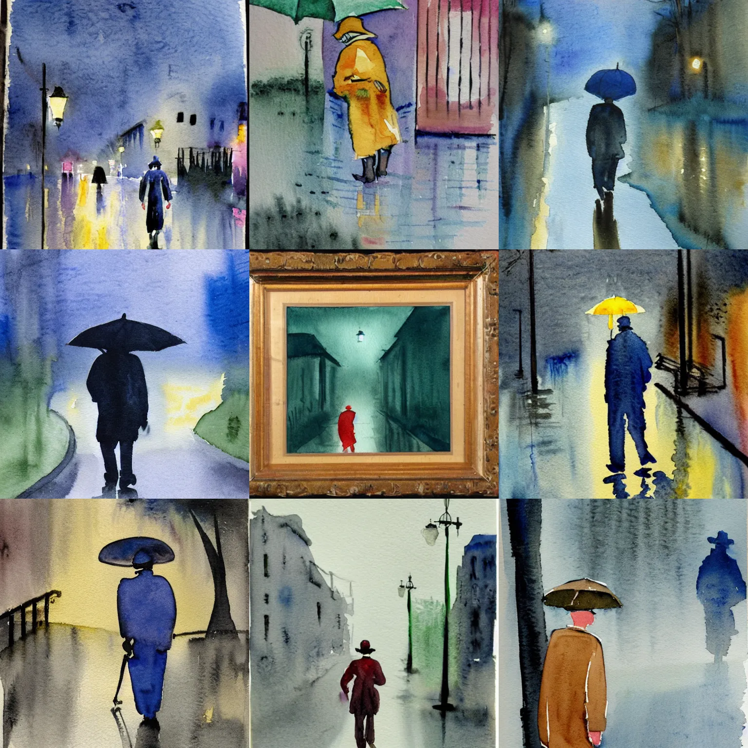 Prompt: a 1960 watercolor painting night watchman walking on a rainy night