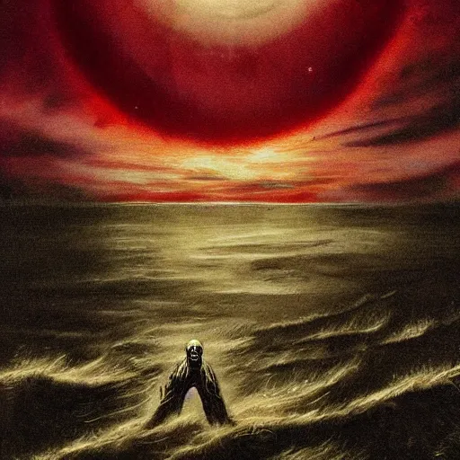 Prompt: terrifying entity looming on the horizon, horror art