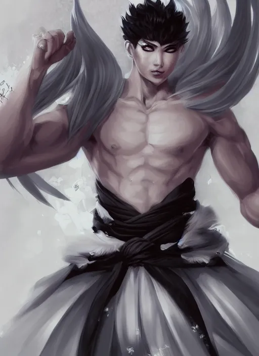 Image similar to a highly detailed illustration of fierce short white!!! haired young japanese man wearing hakama, black! sclera! eyes, dramatic serious pose, muscular, intricate, elegant, highly detailed, centered, digital painting, artstation, concept art, smooth, sharp focus, league of legends concept art, wlop