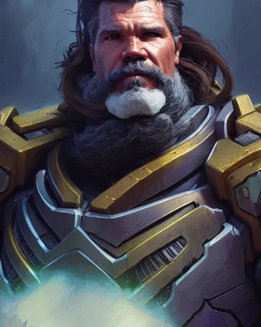 Prompt: josh brolin as reinhardt from overwatch, character portrait, concept art, intricate details, highly detailed by greg rutkowski, michael whelan and gustave dore