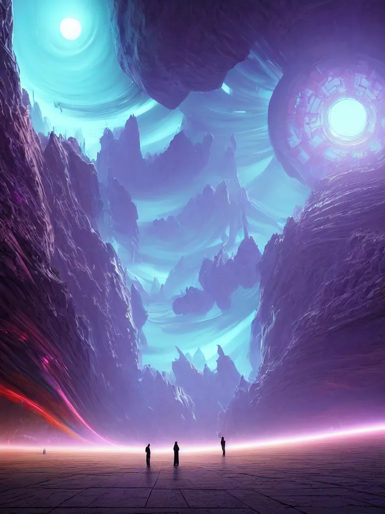 Image similar to entrance to ethereal realm, rendered in unreal engine, central composition, symmetrical composition, dreamy colourful cyberpunk colors, 6 point perspective, fantasy landscape with anthropomorphic!!! terrain!!! in the styles of igor morski, jim warren, and rob gonsalves, intricate, hyperrealistic, volumetric lighting, big sky, distinct horizon