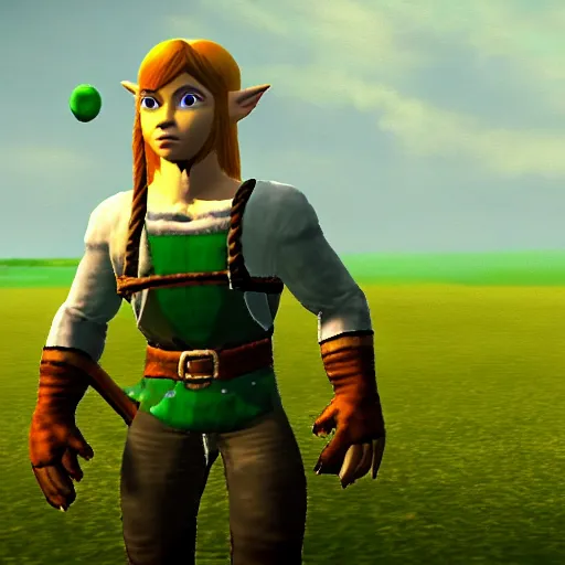 Image similar to character screenshot of dana white, npc, ocarina of time, field, 3 6 0 p, bokeh, legend of zelda, detailed, dialog text