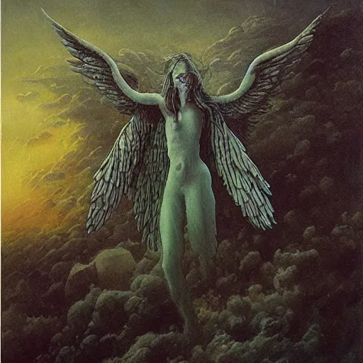 Image similar to lovecraftian angel floating above a ruined city, highly detailed beksinski painting