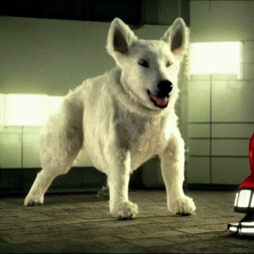 Image similar to movie still of dog robot white swiss shepperd, cinematic composition, cinematic light, criterion collection, by edgar wright